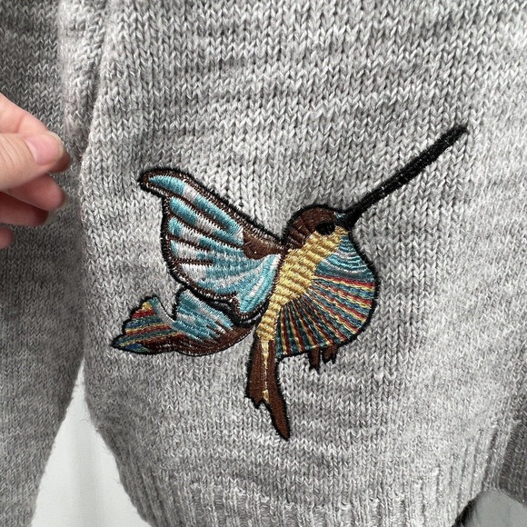 Elia-Cher Grey V Neck Knitted Embroidered Bird Sweater S/M - Picture 4 of 5
